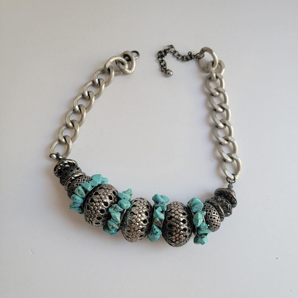 Silver Tone Faux Turquoise Beaded Statement Bib Necklace Chunky Lobster Clasp